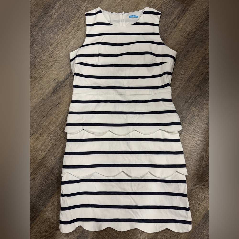 J. McLaughlin White and Navy Striped Scalloped Sheath Dress